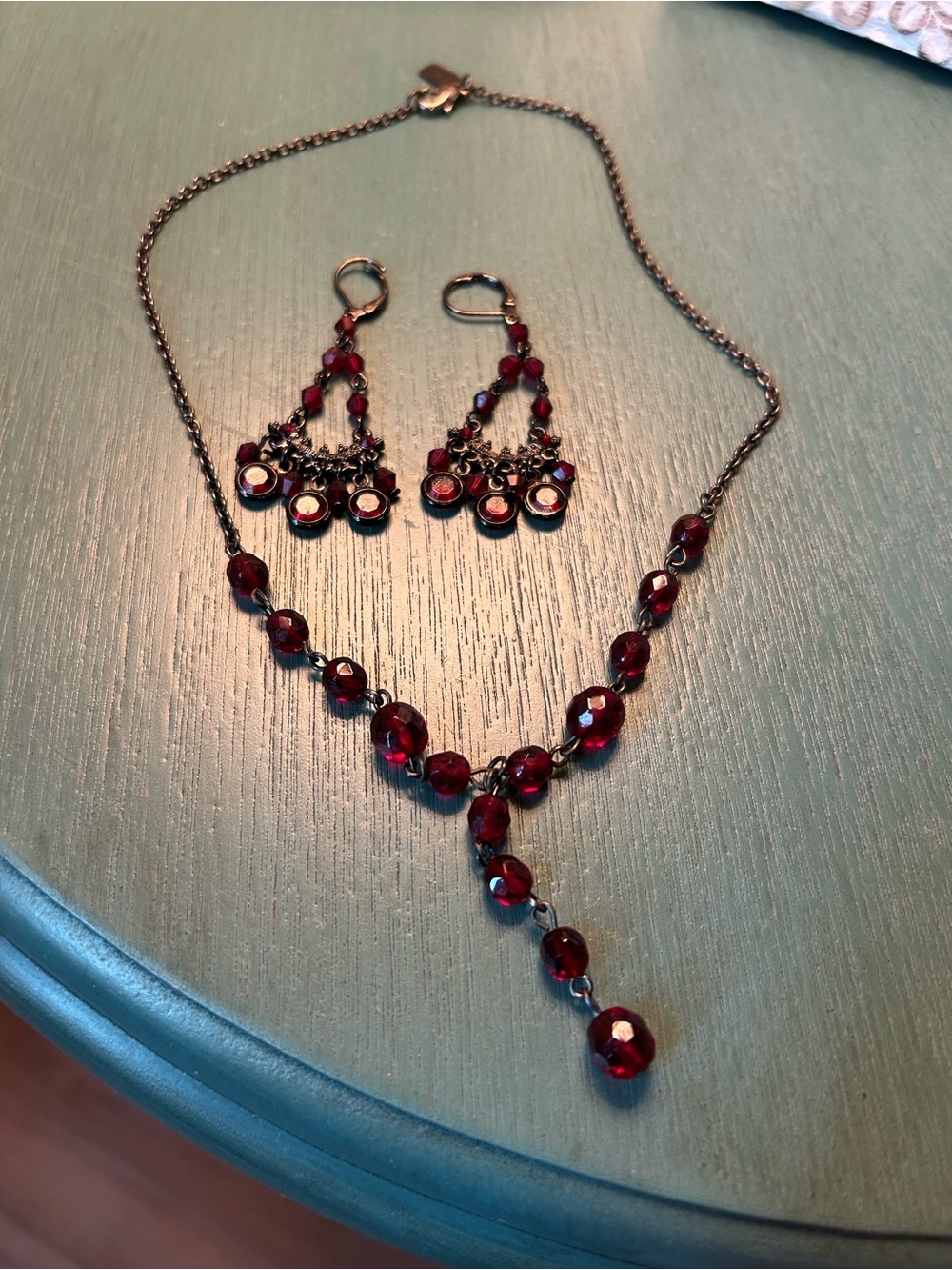 1928 Red Crystal Y-Drop Necklace with Matching Earrings